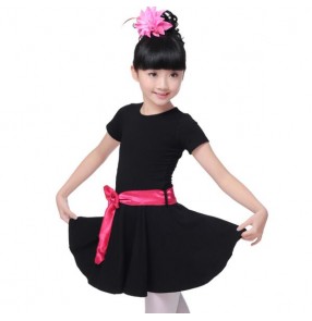 Black with hot pink sashes short sleeves girls kids child children toddlers growth gymnastics leotard latin salsa cha cha dance dresses 